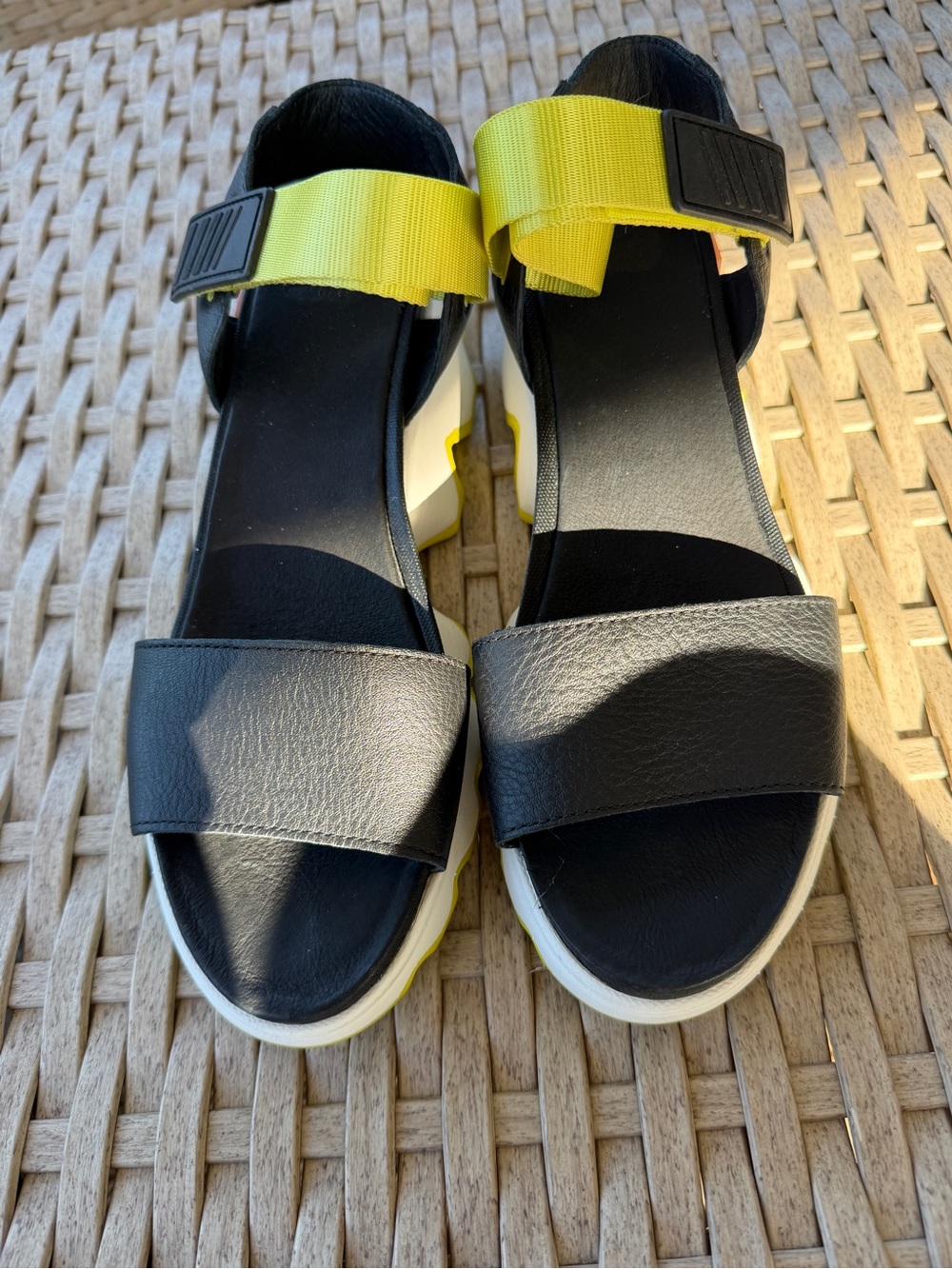 Sorel Black and Yellow Sport Sandals with Platform Sole